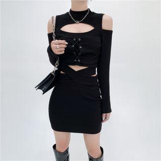 Long-sleeve Cut Out Top / Mini Pencil Skirt