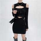 Long-sleeve Cut Out Top / Mini Pencil Skirt