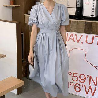 Puff-sleeve V-neck Plain Tie-strap Dress