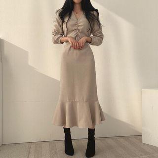 Long Sleeve V Neck Shirred Plain Dress