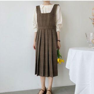 Set: Plain Blouse + Plaid Pinafore Dress