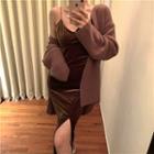 Plain Loose-fit Long-sleeve Knit Jacket / Plain V-neck Slim-fit Side-slit Sleeveless Dress