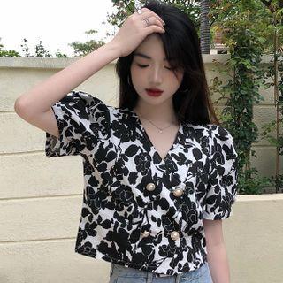 Puff-sleeve V-neck Double-breasted Floral Blouse