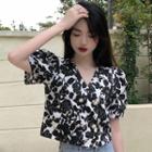 Puff-sleeve V-neck Double-breasted Floral Blouse