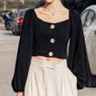 Long-sleeve Cropped Buttoned Blouse