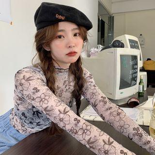 Flower Print Long-sleeve Sheer Top As Figure - One Size