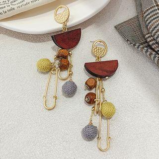 Geometric Wood Alloy Safety Pin Dangle Earring 1 Pair - Silver Needle - As Shown In Figure - One Size