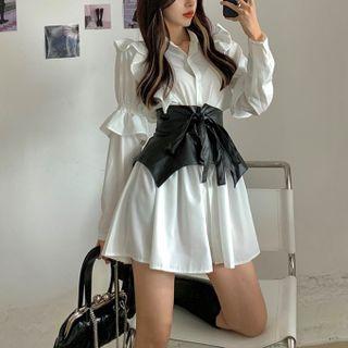 Puff-sleeve Ruffled Shirtdress / Faux Leather Belt