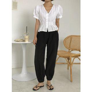 Puff-sleeve Pleated Peplum Blouse