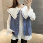 Set: Cable Knit Toggle Vest + Collared Bell-sleeve Blouse