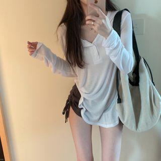 Long-sleeve Henley T-shirt / Drawstring Hot Pants