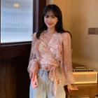 Balloon-sleeve Floral Print Chiffon Blouse As Shown In Figure - One Size