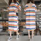 3/4-sleeve Rainbow Stripe Midi T-shirt Dress