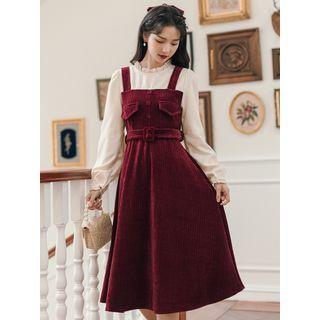 Mock Two-piece Corduroy Midi A-line Dress