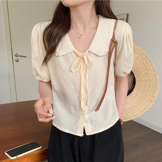 Puff-sleeve Peter Pan Collar Bow Accent Shirt