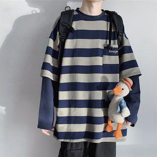Mock Two-piece Color-block Stripe Sweatshirt
