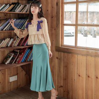 Bow Accent Blouse / Ruffle Hem Midi Skirt