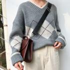 Argyle V-neck Long-sleeve Knit Top