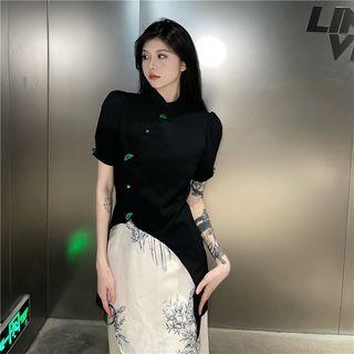 Asymmetrical Puff-sleeve Frog Buttoned Blouse / Floral Print Midi A-line Skirt