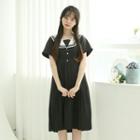 Sailor-collar Pleat Shirtwaist Dress Black - One Size