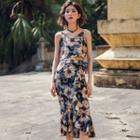 Set: Flower Print Cropped Camisole Top + Ruffle Midi Pencil Skirt