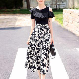 Cold-shoulder Mock Two-piece Floral Midi A-line Dress