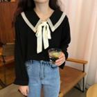 Color-block Bow-accent Long-sleeve Loose-fit Blouse