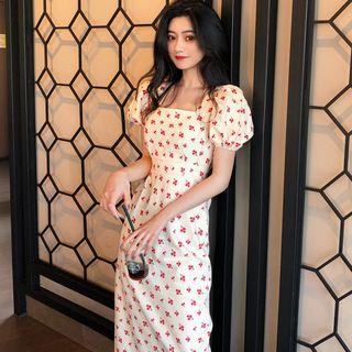 Cherry Print Square-neck Short-sleeve Midi Sheath Dress