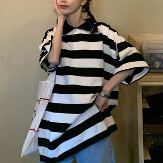 Striped Collared Elbow-sleeve T-shirt As Shown In Figure - One Size