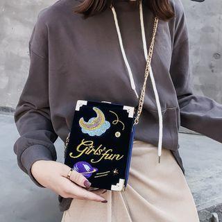 Velvet Embroidered Box Shoulder Bag With Chain Strap
