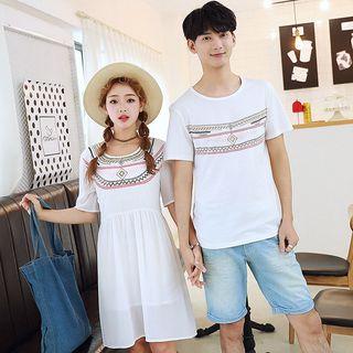 Couple Matching Short-sleeve Patterned Panel Mini Dress / Short-sleeve T-shirt