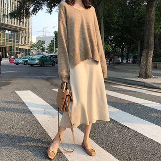 Band-waist Midi Knit Skirt Beige - One Size