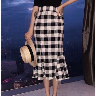 Checked Ruffle Hem Pencil Skirt