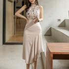 Set: Sleeveless Floral Top + High-waist Slit Midi A-line Skirt