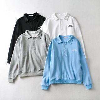 Lettering Long-sleeve Plain Polo Sweatshirt
