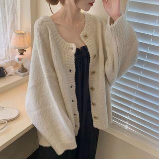 Set : Plain Spaghetti-strap Dress + Long-sleeve Cardigan
