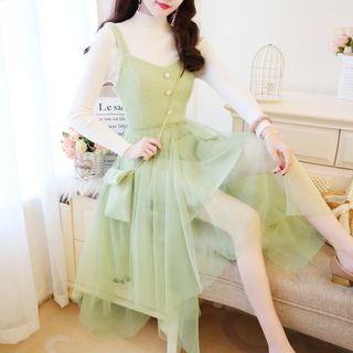 Set: Long-sleeve Knit Top + Mesh-panel Dress