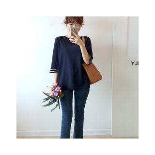 Elbow-sleeve Pleated-cuff T-shirt