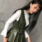 Set: Faux-leather Vest + Plain Bell Sleeve Top