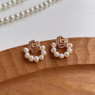 Rose Freshwater Pearl Hoop Earring 1 Pair - White & Rose Gold - One Size