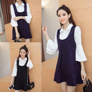 Set: Bell-sleeve Shirt + Pinafore Dress