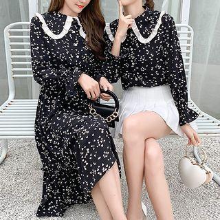 Heart Print Shirt / Long-sleeve A-line Midi Dress
