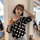 Dotted Off-shoulder Short-sleeve Ruffle-trim Blouse