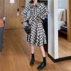 Check Ruffle Long-sleeve Slim-fit Dress