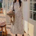 Long-sleeve Floral Print A-line Chiffon Dress Black & White - One Size