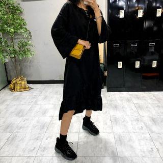 Bell-sleeve Asymmetric Frill-hem Midi Dress