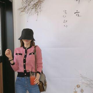 Contrast-trim Dual-pocket Cropped Cardigan Pink - One Size