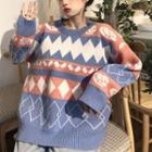 Round Neck Argyle Sweater Blue & Pink - One Size