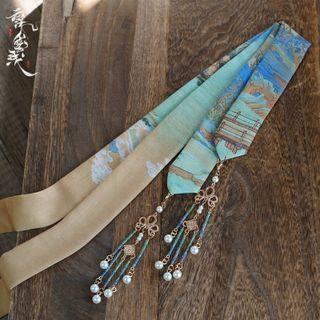 Print Fabric Faux Pearl Narrow Scarf Hair Tie Light Green - One Size