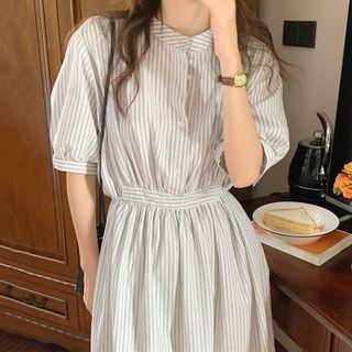 Striped Lace-up Puff-sleeve Dress As Shown As Pictured - White - One Size